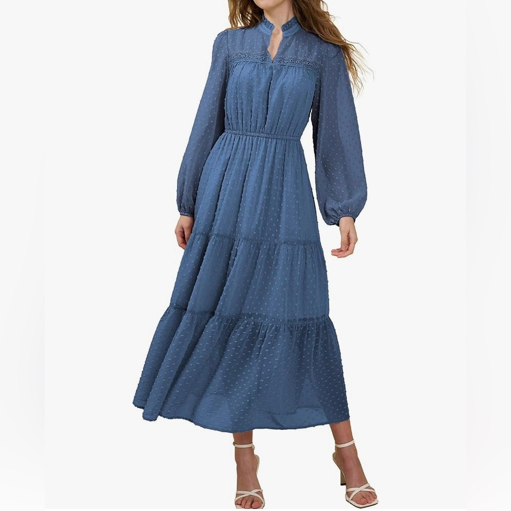 Spring Swiss Dot Tiered Midi Dress Long Sleeve V Neck Casual